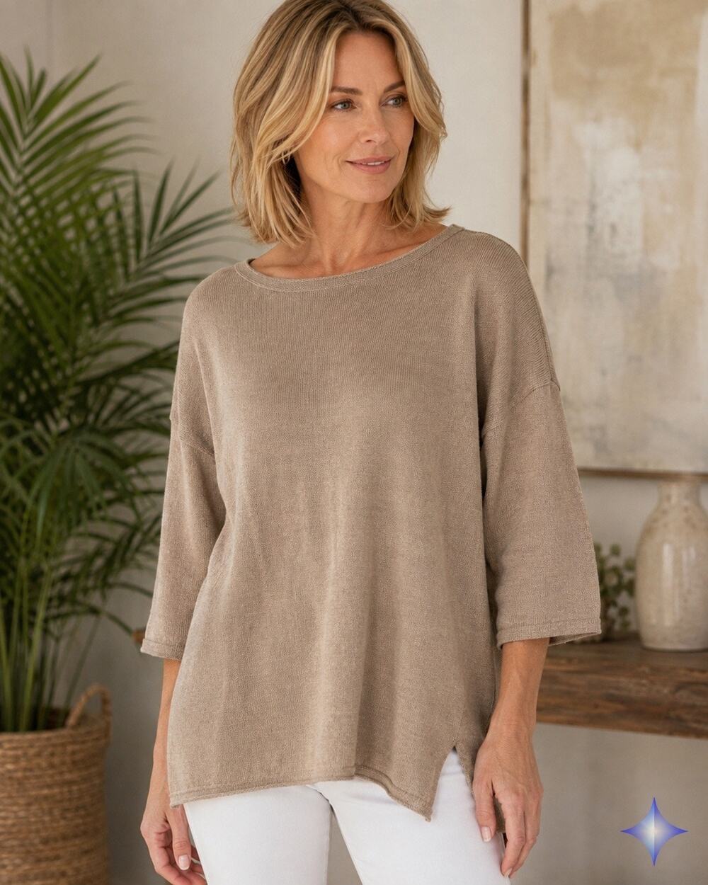 J McLaughlin XL 100% Linen Knit Tunic Sweater Beige Boat Neck Side Slit